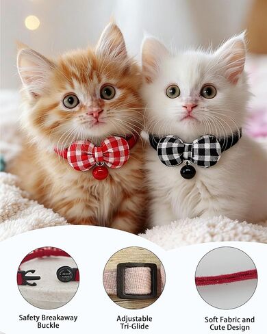 2 Pack Soft Breakaway Safety Cat Collar，Kitten Collar with Bell and Bow Tie,Adjustable Breakaway Cotton Collar for Kitty and Puppy (Plaid-Red Black) in Kuwait