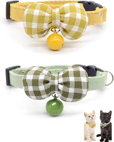 2 Pack Soft Breakaway Safety Cat Collar，Kitten Collar with Bell and Bow Tie,Adjustable Breakaway Cotton Collar for Kitty and Puppy (Plaid-Red Black) in Kuwait