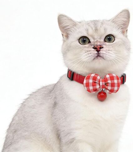 2 Pack Soft Breakaway Safety Cat Collar，Kitten Collar with Bell and Bow Tie,Adjustable Breakaway Cotton Collar for Kitty and Puppy (Plaid-Red Black) in Kuwait