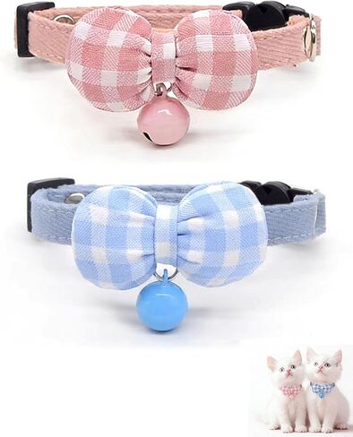 2 Pack Soft Breakaway Safety Cat Collar，Kitten Collar with Bell and Bow Tie,Adjustable Breakaway Cotton Collar for Kitty and Puppy (Plaid-Red Black) in Kuwait