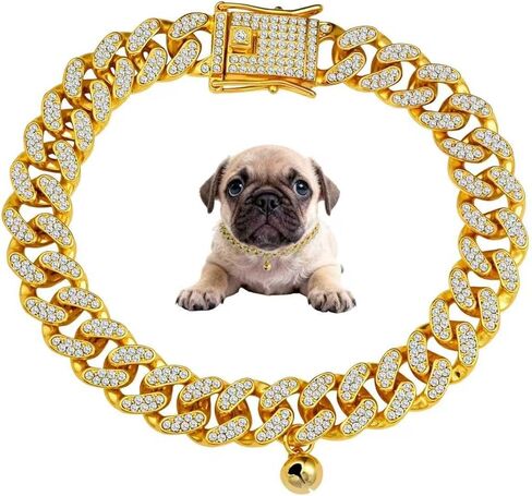 14k Gold Plated Cuban Link Dog Collar with Bell Necklace Cat Chain Metal Crystal Jewelry Accessories for Small Puppy Dog Cats Chain 12 mm Wide 10 Inches in Kuwait