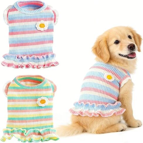 2 Pack Dog Clothes for Small Dogs Cats Cotton Striped Dog T Shirt with Ruffled Sleeve, Soft Breathable Puppy Vest Spring Summer Pet Tank Tops, Cherry L in Kuwait