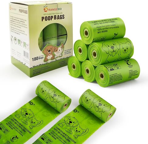 أكياس فضلات الكلاب من OrangeBio بمقابض، قابلة للتحلل المنزلي بنسبة 100%، مقاس 13 × 9 بوصة - عدد 180 (15 كيسًا لكل لفة، 12 لفة)، معطرة، معتمدة من OK Compost Home in Kuwait