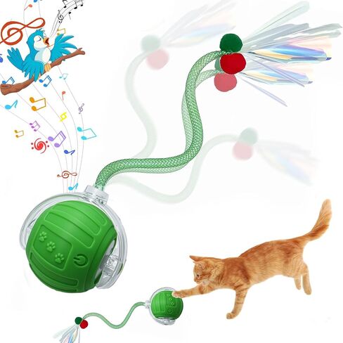 Interactive Cat Toys Ball for Indoor Cats, Automatic Fast Rolling Kitten Toys with Bird Chirps Cats Dogs Chase Ball Toy with Elastic Mesh Tail, Cat Enrichment Toys for Bored Indoor Cats in Saudi Arabia