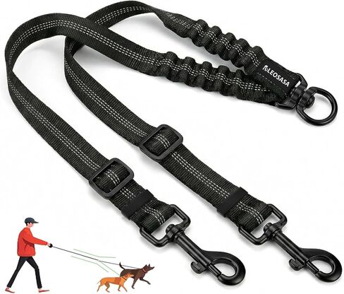 Double Dog Leash for 2 Dogs - No Tangle 360°Swivel Splitter with Reflective Stitching, Adjustable Length and Stretchy Shock-Absorbing Comfort, for Small/Medium Dogs Walking Training (S(2.0cm) in Kuwait