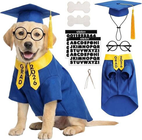 Dog Graduation Costume Set with Graduation Cap and Gown,Bone Tags with Rope DIY Stickers,Festival Dress-Up Accessory for Small Medium Dogs(Blue, Large) in Kuwait