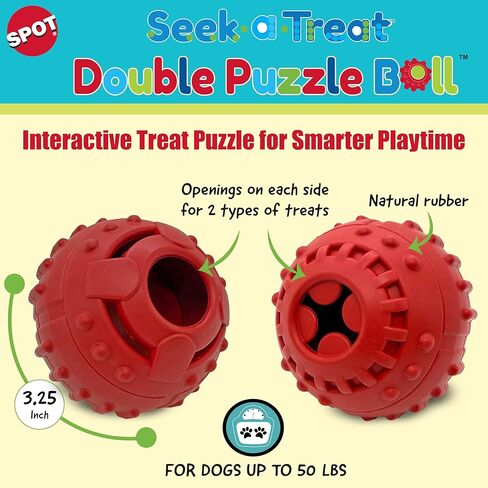 لعبة كرة لغز مزدوجة للكلاب من SPOT Seek-A-Treat، موزع حلوى مطاطي متين مقاس 3.25 سم مع فتحات مزدوجة للتحفيز الذهني واللعب طويل الأمد، للكلاب التي يصل وزنها إلى 50 رطلاً in Kuwait