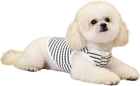Pet Dog Sleeveless Vest Polka Dot Stripe Knit Design Breathable Thin Fabric Korean Style for Small Medium Dogs White M in Kuwait