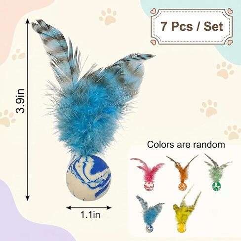 7Pcs Bouncy Balls for Cats, Cat Tools with Feathers, Feather Tool for Indoor Cats and Multi-Cat Households(Random Color) in Kuwait