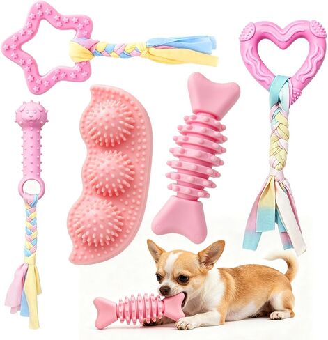 5 Pack Puppy Chew Toys for Small Dogs,Puppy Teething Toys for Small Puppies,Soft Rubber Dog Toys for Small Breed Interactive Chew Toys to Keep Them Busy (Pink) in Kuwait