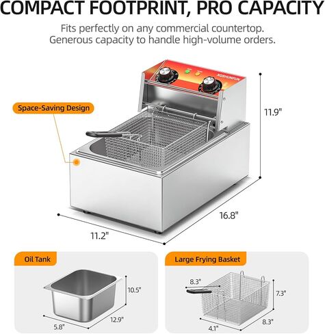 10.5QT Commercial Deep Fryer with Timer & Limit Thermostat, Thickened Stainless Steel Electric Fryer with Rolled Safety Edges, 10L Large Capacity Oil Fryer for Home, Restaurant & Party in Kuwait