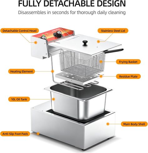 10.5QT Commercial Deep Fryer with Timer & Limit Thermostat, Thickened Stainless Steel Electric Fryer with Rolled Safety Edges, 10L Large Capacity Oil Fryer for Home, Restaurant & Party in Kuwait