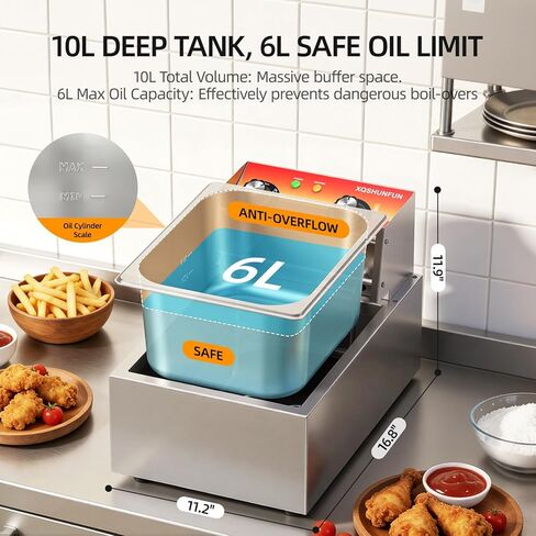 10.5QT Commercial Deep Fryer with Timer & Limit Thermostat, Thickened Stainless Steel Electric Fryer with Rolled Safety Edges, 10L Large Capacity Oil Fryer for Home, Restaurant & Party in Kuwait