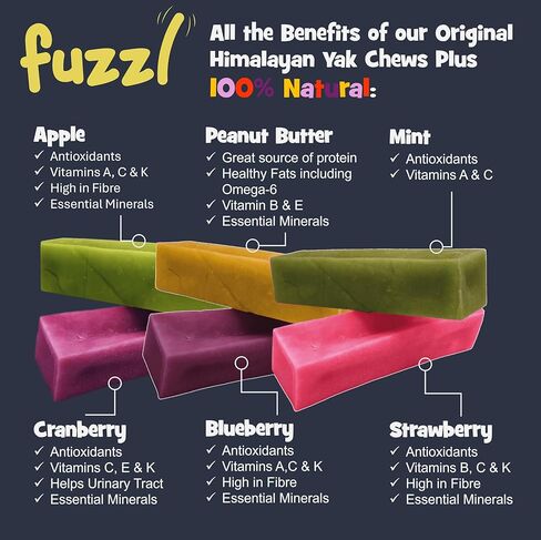 Fuzzl - حزمة من 6 مضغ صغير بنكهة الياك للكلاب، التوت والفراولة والتوت البري والنعناع والتفاح وزبدة الفول السوداني | يعالج جبن الهيمالايا الطبيعي مضغ الأسنان طويل الأمد للسلالات الصغيرة in Kuwait
