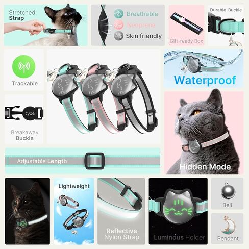 Cat Collar with Airtag Holder, Breakaway Cat Airtag Collar with Reflective Strap, Lightweight Kitten Collar for Apple Air tag, Hidden GPS Tracker Holder for Boy Girl Cats, Kittens, Puppies (9-13") in Kuwait
