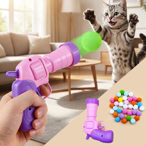 31Pcs Cat Ball Toy Launcher Gun, Cat Balls Fetch Toy, 30Pcs Plush Fuzzy Balls Launcher Cat Toy for Cats with 1 Gun, Indoor Interactive Play for Active and Engaged Feline Fun, Blue in Kuwait