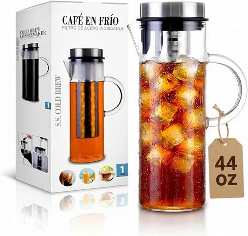 Cold Brew Coffee Maker 44oz – Iced Coffee & Iced Tea Maker with Borosilicate Glass Pitcher, Stainless Steel Mesh Filter, Large Capacity Coffee Brewer for Smooth Low Acid Coffee, Tea & Fruit Infusion in Kuwait