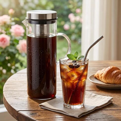 Cold Brew Coffee Maker 44oz – Iced Coffee & Iced Tea Maker with Borosilicate Glass Pitcher, Stainless Steel Mesh Filter, Large Capacity Coffee Brewer for Smooth Low Acid Coffee, Tea & Fruit Infusion in Kuwait