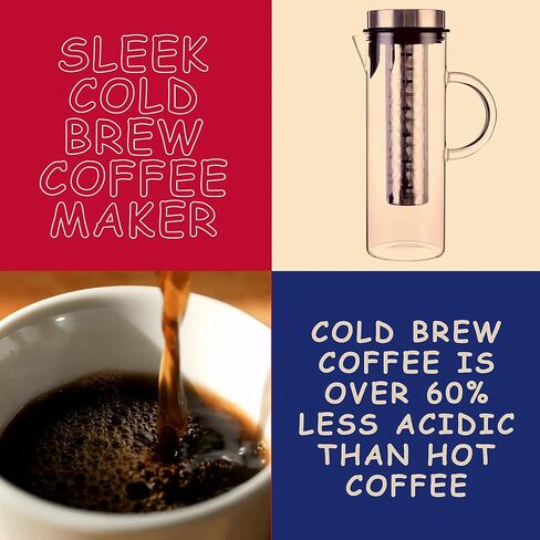 Cold Brew Coffee Maker 44oz – Iced Coffee & Iced Tea Maker with Borosilicate Glass Pitcher, Stainless Steel Mesh Filter, Large Capacity Coffee Brewer for Smooth Low Acid Coffee, Tea & Fruit Infusion in Kuwait