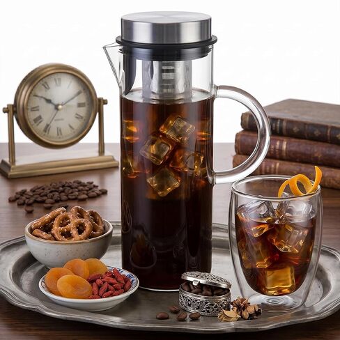 Cold Brew Coffee Maker 44oz – Iced Coffee & Iced Tea Maker with Borosilicate Glass Pitcher, Stainless Steel Mesh Filter, Large Capacity Coffee Brewer for Smooth Low Acid Coffee, Tea & Fruit Infusion in Kuwait