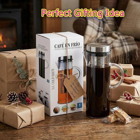 Cold Brew Coffee Maker 44oz – Iced Coffee & Iced Tea Maker with Borosilicate Glass Pitcher, Stainless Steel Mesh Filter, Large Capacity Coffee Brewer for Smooth Low Acid Coffee, Tea & Fruit Infusion in Kuwait