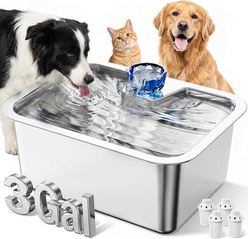 PETNF 3-Gallon 304 Stainless Steel Dog Water Fountain for Large Dogs, Extra Wide Drinking Area, Automatic Water Bowl Dispenser for Large Dogs & Multi-Pet Homes, 7-Stage Filtration System, Quiet Pump in Kuwait