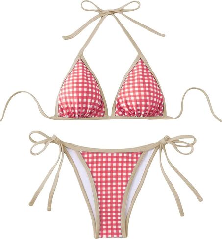 Women's Plaid Gingham Bathing Suit High Waisted Halter Triangle Swimsuit Bikini Set in Kuwait
