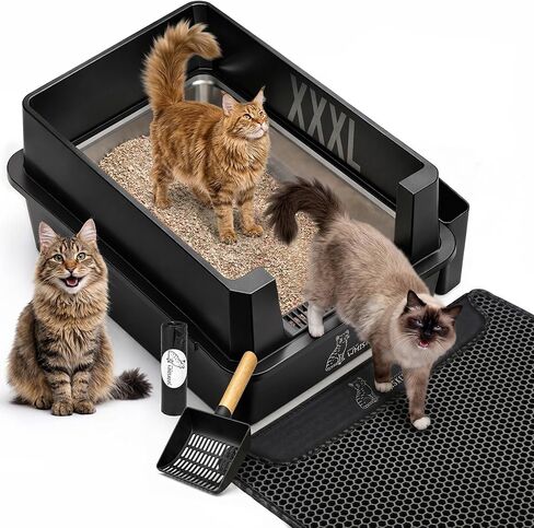 Black XXXL Stainless Steel Litter Box with Mat 28" L x 20" W x 12" H - Extra Large Cat Litter Box - Anti-Leak Buckle, Step Pedal, Scoop & Waste Bags - Non-Stick Easy to Clean in Kuwait