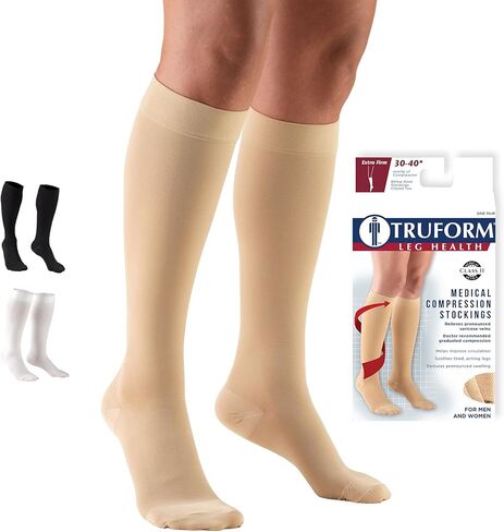 Truform 30-40 mmHg Compression Stockings for Men and Women, Knee High Length, Closed Toe, Beige, Large in Saudi Arabia
