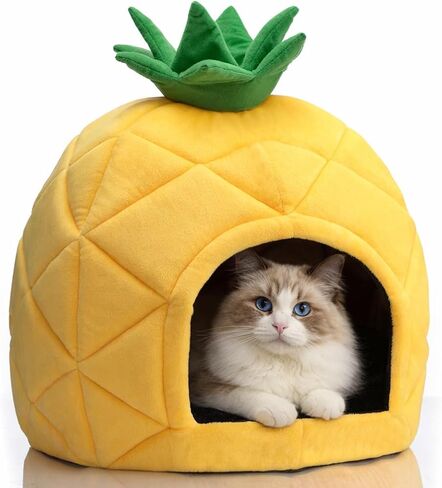 Hollypet Cat Bed Self-Warming Kitty Cave Hut House Nest Pet Sleeping Bed for Indoor Cats, Yellow, Pineapple Cave in Saudi Arabia