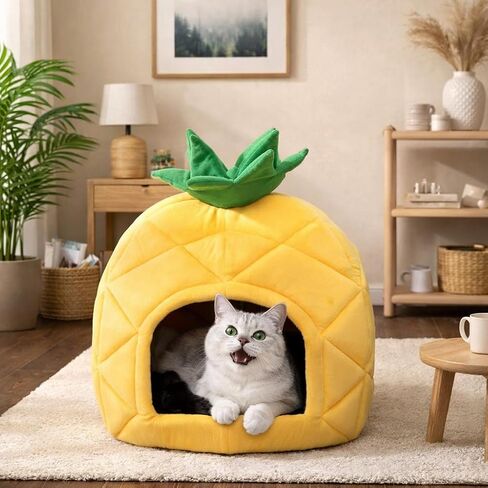 Hollypet Cat Bed Self-Warming Kitty Cave Hut House Nest Pet Sleeping Bed for Indoor Cats, Yellow, Pineapple Cave in Saudi Arabia