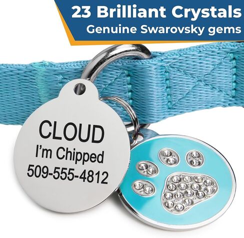 GoTags Personalized Dog Tag with Swarovski Crystal Paw, Pet ID Personalized Dog ID Engraved with Name & Number Custom Cat Info, Round Stainless Steel Sparkle Glitter Gemstone (Large Pack of 1) in Kuwait