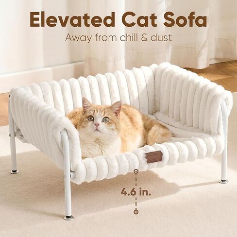 FUKUMARU Elevated Cat Couch Beds for Indoor Cats, Sturdy Metal Frame Cat Hammock Bed with High-Density Foam Cushion, Removable Washable Fluffy Cover, Breathable Raised Dog Bed & Cat Sofa Chair, Cream in Kuwait