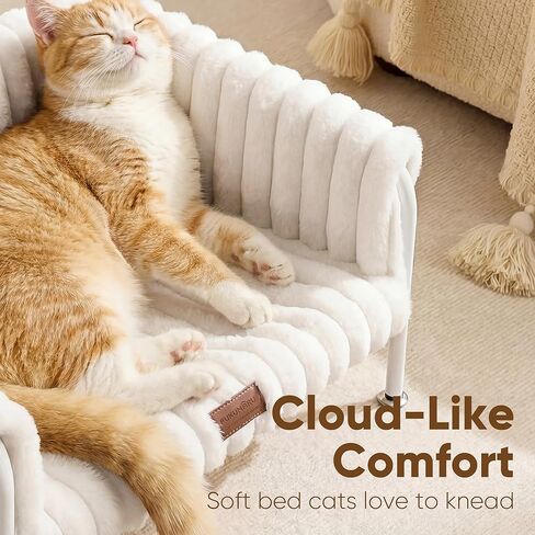 FUKUMARU Elevated Cat Couch Beds for Indoor Cats, Sturdy Metal Frame Cat Hammock Bed with High-Density Foam Cushion, Removable Washable Fluffy Cover, Breathable Raised Dog Bed & Cat Sofa Chair, Cream in Kuwait