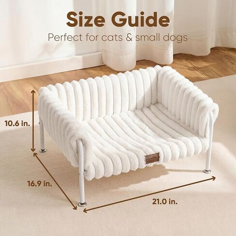 FUKUMARU Elevated Cat Couch Beds for Indoor Cats, Sturdy Metal Frame Cat Hammock Bed with High-Density Foam Cushion, Removable Washable Fluffy Cover, Breathable Raised Dog Bed & Cat Sofa Chair, Cream in Kuwait