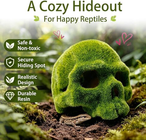 4.7" Realistic Mossy Skull Reptile Decor, Tank Accessories for Leopard Gecko, Crested Gecko, Bearded Dragon, Lizard, Axolotl & Fish Tank, Aquarium Decor in Kuwait