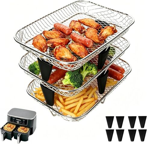 3 Tiers Stackable Air Fryer Racks, 7.79"x5.23"x1.57" Stainless Steel Dehydrator Trays with Non-slip Feet for Ninja DZ201 DZ071 DZ090 DZ302 DZ401 DZ550 SL401 Dual Airfryer in Kuwait