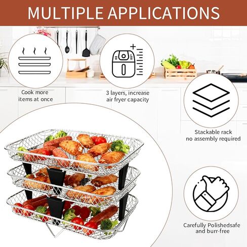 3 Tiers Stackable Air Fryer Racks, 7.79"x5.23"x1.57" Stainless Steel Dehydrator Trays with Non-slip Feet for Ninja DZ201 DZ071 DZ090 DZ302 DZ401 DZ550 SL401 Dual Airfryer in Kuwait