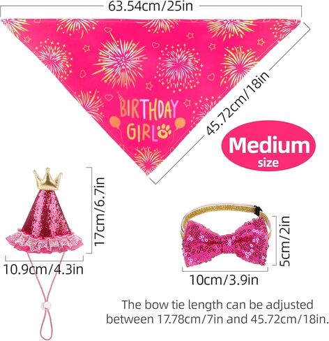 Medium Dog Birthday Bandana Set - Girl Dog Birthday Hat with Numbers Bandana and Bow Tie for Party Decorations Rose in Kuwait