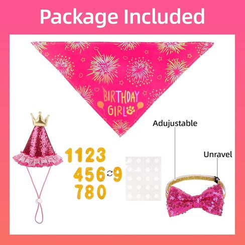 Medium Dog Birthday Bandana Set - Girl Dog Birthday Hat with Numbers Bandana and Bow Tie for Party Decorations Rose in Kuwait