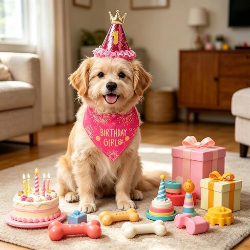 Medium Dog Birthday Bandana Set - Girl Dog Birthday Hat with Numbers Bandana and Bow Tie for Party Decorations Rose in Kuwait