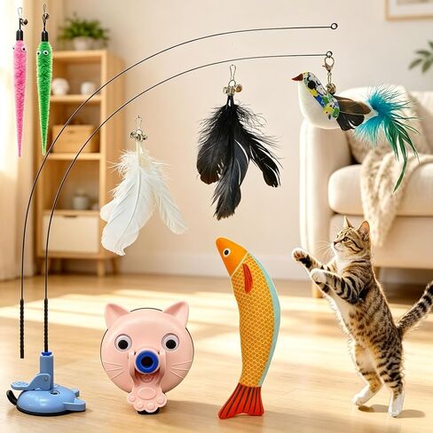 10PCS Interactive Cat Toy with 2 Suction Cups & Wand, 2 Ways to Play Indoor Cat Toys for Bored Cats, Feather Bird Teaser Toy with Flexible Rod, Kitten Exercise Toys with Fish Toy in Kuwait