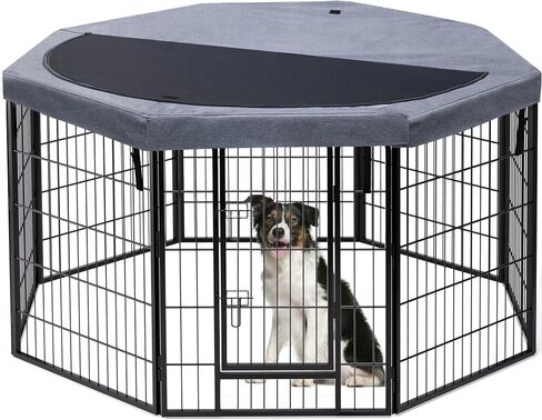 PETIME Dog Playpen، قلم تمرين معدني للجراء، سياج للبيوت شديد التحمل، داخلي/خارجي، 27 بوصة عرض × 32 بوصة ارتفاع، 8 ألواح قفص للكلاب مع غطاء علوي مثمن in Kuwait