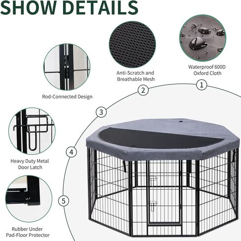 PETIME Dog Playpen، قلم تمرين معدني للجراء، سياج للبيوت شديد التحمل، داخلي/خارجي، 27 بوصة عرض × 32 بوصة ارتفاع، 8 ألواح قفص للكلاب مع غطاء علوي مثمن in Kuwait