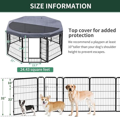PETIME Dog Playpen، قلم تمرين معدني للجراء، سياج للبيوت شديد التحمل، داخلي/خارجي، 27 بوصة عرض × 32 بوصة ارتفاع، 8 ألواح قفص للكلاب مع غطاء علوي مثمن in Kuwait