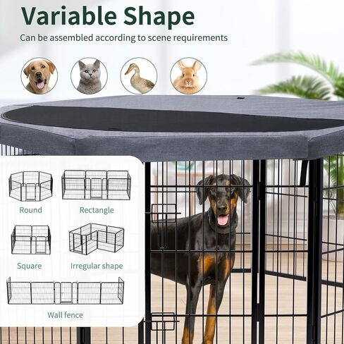 PETIME Dog Playpen، قلم تمرين معدني للجراء، سياج للبيوت شديد التحمل، داخلي/خارجي، 27 بوصة عرض × 32 بوصة ارتفاع، 8 ألواح قفص للكلاب مع غطاء علوي مثمن in Kuwait