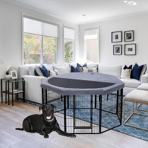 PETIME Dog Playpen، قلم تمرين معدني للجراء، سياج للبيوت شديد التحمل، داخلي/خارجي، 27 بوصة عرض × 32 بوصة ارتفاع، 8 ألواح قفص للكلاب مع غطاء علوي مثمن in Kuwait