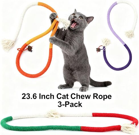 Cat Chew Rope Durable Safe : 3Pcs Natural Organic Cotton Kitten Teething Toy for Indoor Cats, Catnip-Infused Chew Toys for Interactive Boredom Relief & Teeth Cleaning in Kuwait