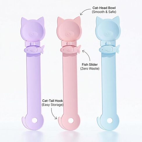 Cat Treat Squeezer Spoon, Lickable Treat Dispenser with Interactive Fish Slider & Safe Cat-Head Bowl, Zero Waste Puree Feeder Clip for Mess-Free Snacking, Tail Hook, Pastel Colors (3 Pack) in Kuwait