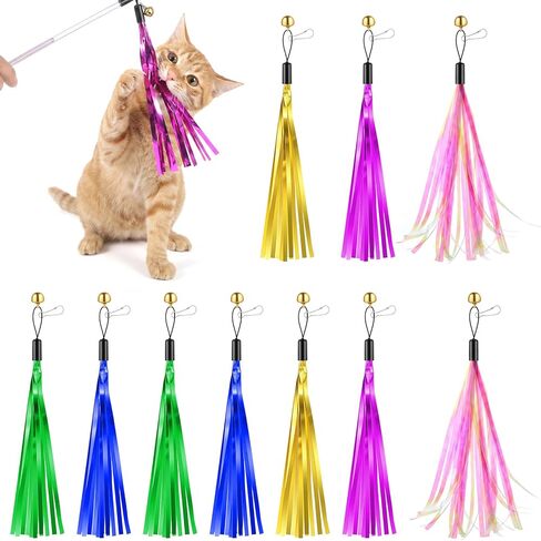 JJUNW 10 Pcs Cat Wand Toy Replacement, Cat Wand Teaser Toys with Bell Metallic Foil Tassel, Multi Colored Interactive Cats Ribbon Toy for Most Cats Chase Exercise with Kitten in Kuwait